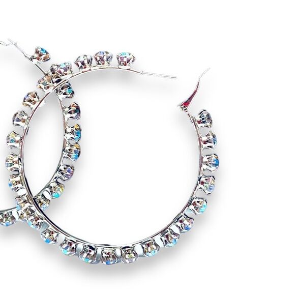 Silver Round Prong Set Colorful Crystals Large Hoop Earrings NEW - Picture 4 of 4